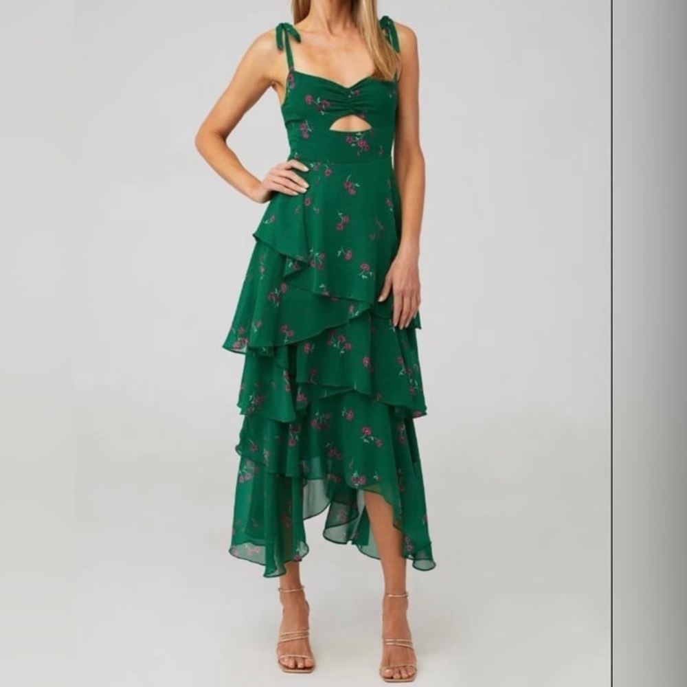 Flynn Skye Green Floral Tiered Midi Dress
